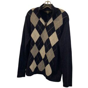 CASHMERE Argyle two ply gra blue quarter zip mens sweater M